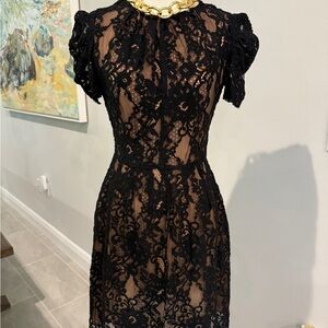 Michael Kors Black and Tan Sheath Dress Puff Cap Sleeves